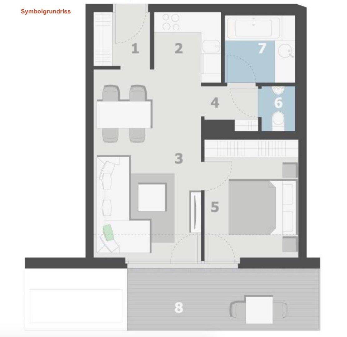 Detaillierter Grundriss einer Wohnung mit Wohnbereich, Küche, Schlafzimmer, Bad und großer Terrasse.