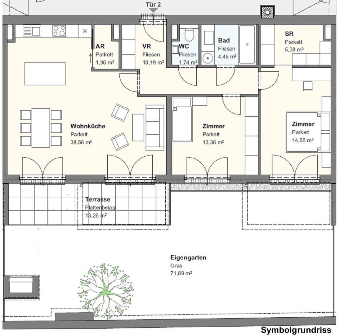 Grundriss einer Wohnung mit Wohnküche, zwei Zimmern, Bad, WC und Terrasse mit Garten.