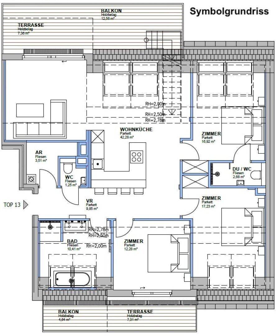 Detaillierter Grundriss einer Wohnung mit drei Zimmern, zwei Bädern und Terrassen.