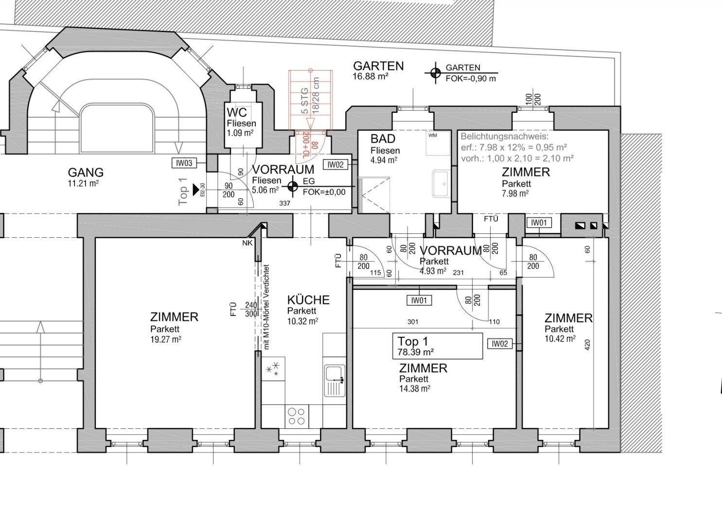 Detaillierter Grundriss einer Wohnung mit mehreren Zimmern, Bad, WC und Gartenanteil.
