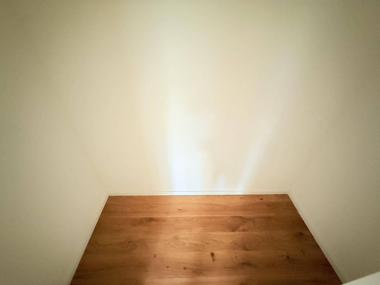Kleiner, leerer Abstellraum mit Holzboden und weißen Wänden.