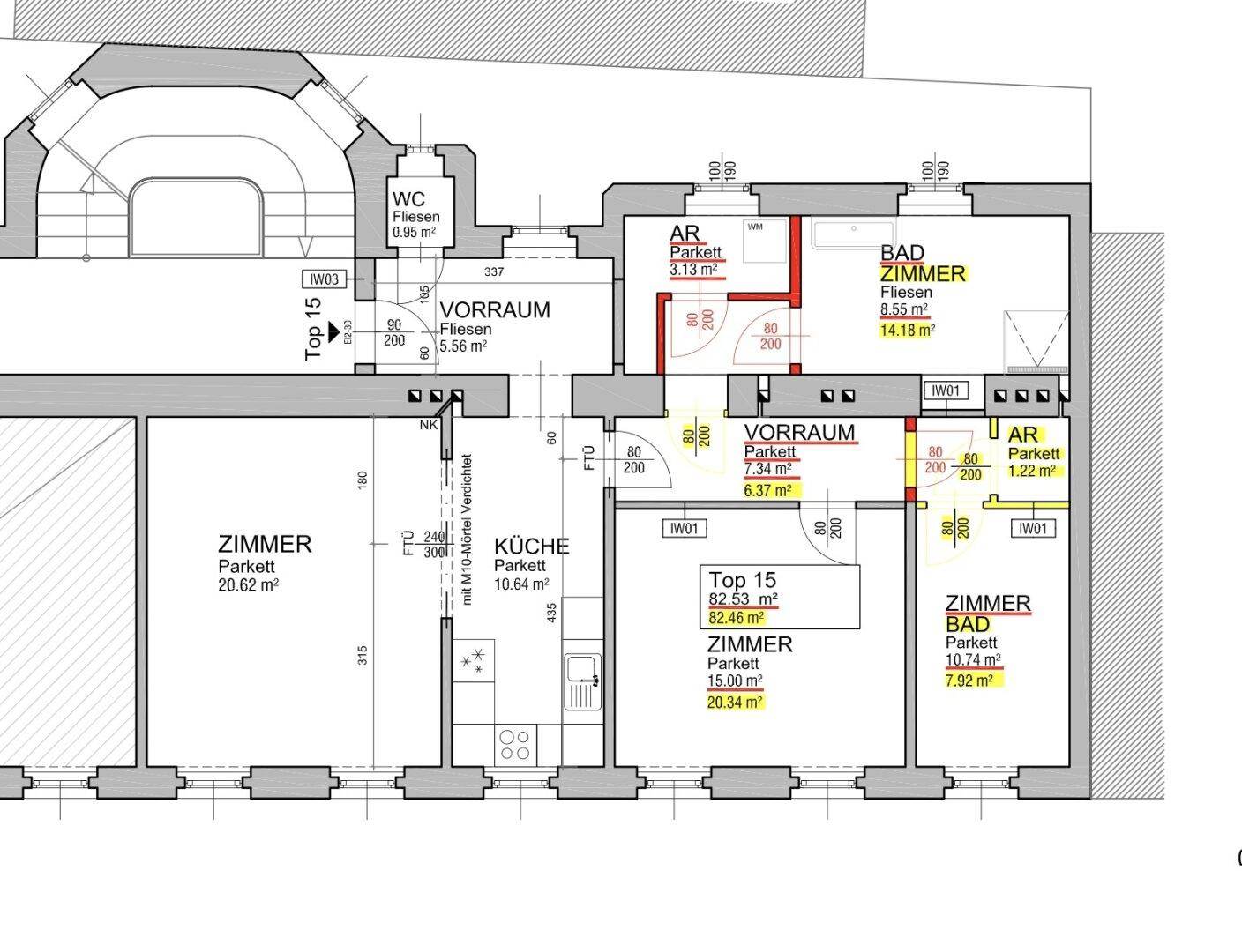 Detaillierter Grundriss der Wohnung mit mehreren Zimmern, Bad und separatem WC.