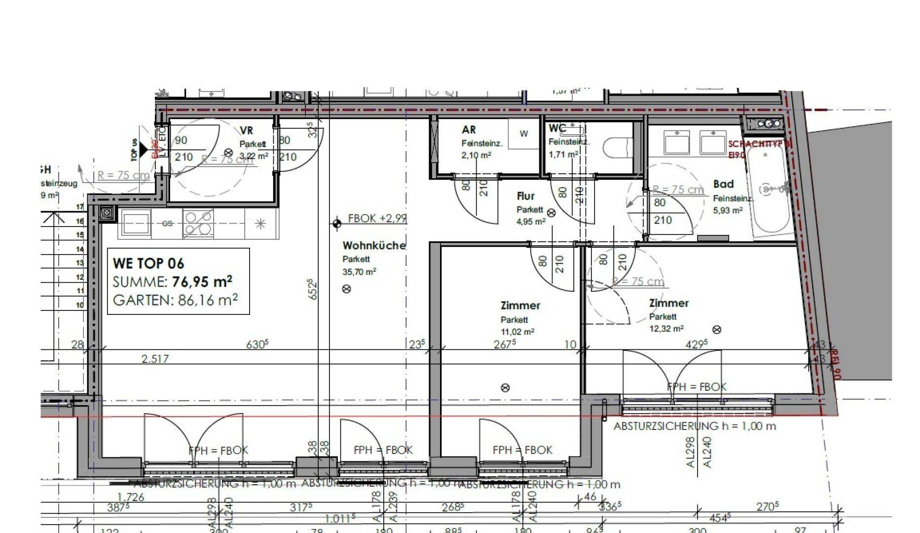 Grundriss einer Wohnung mit Wohnküche, zwei Zimmern, Bad, WC und Gartenanteil.