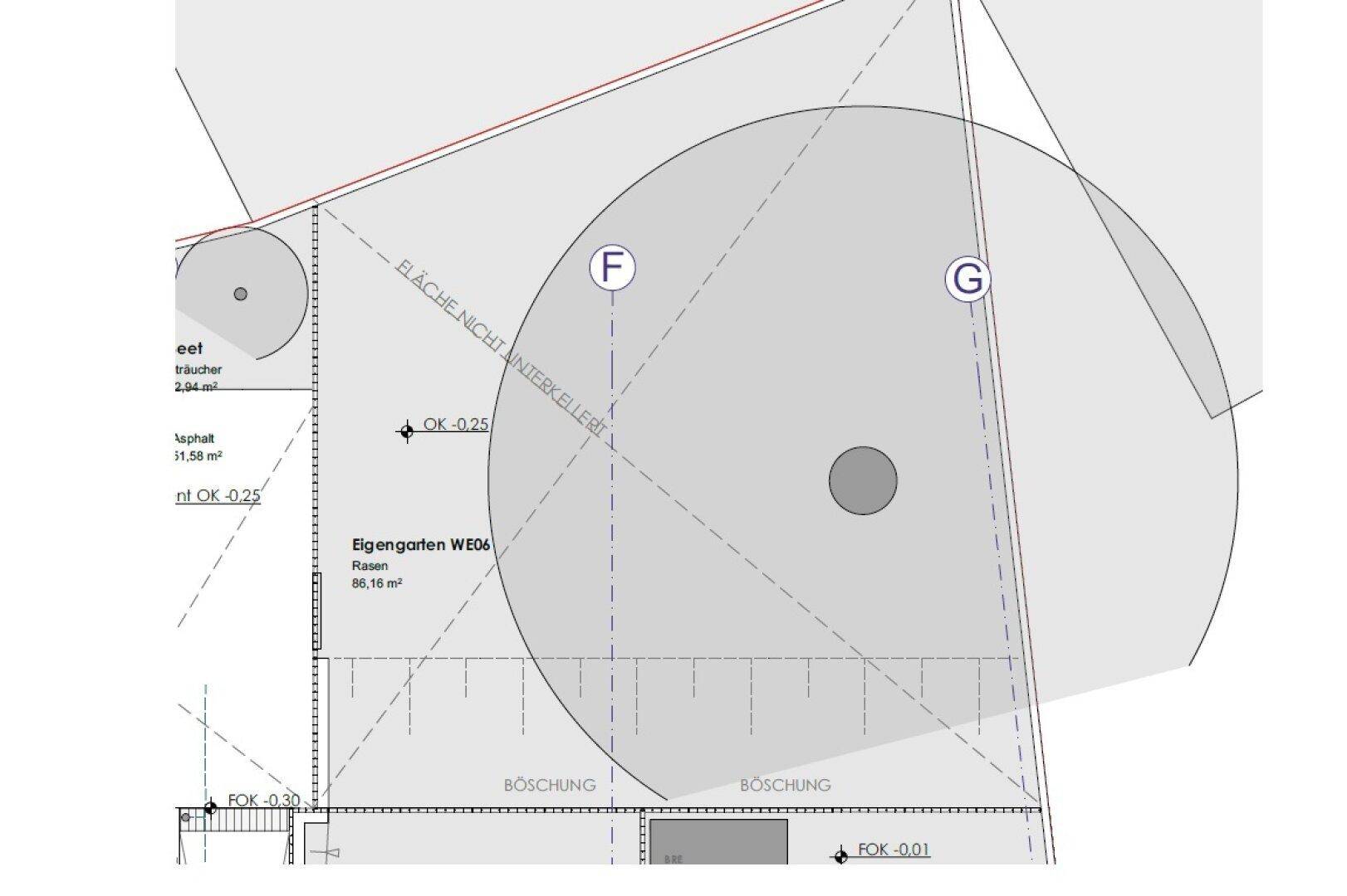 Lageplan des Eigenheimgartens mit Rasenfläche und Bepflanzung.