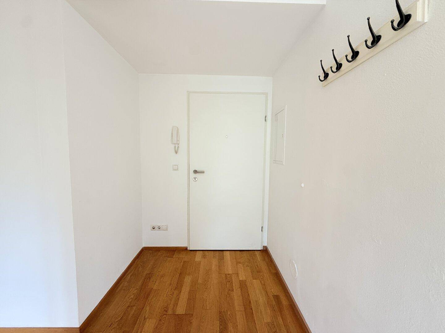 Schlichter Eingangsbereich mit Holzparkett und praktischer Garderobenleiste.