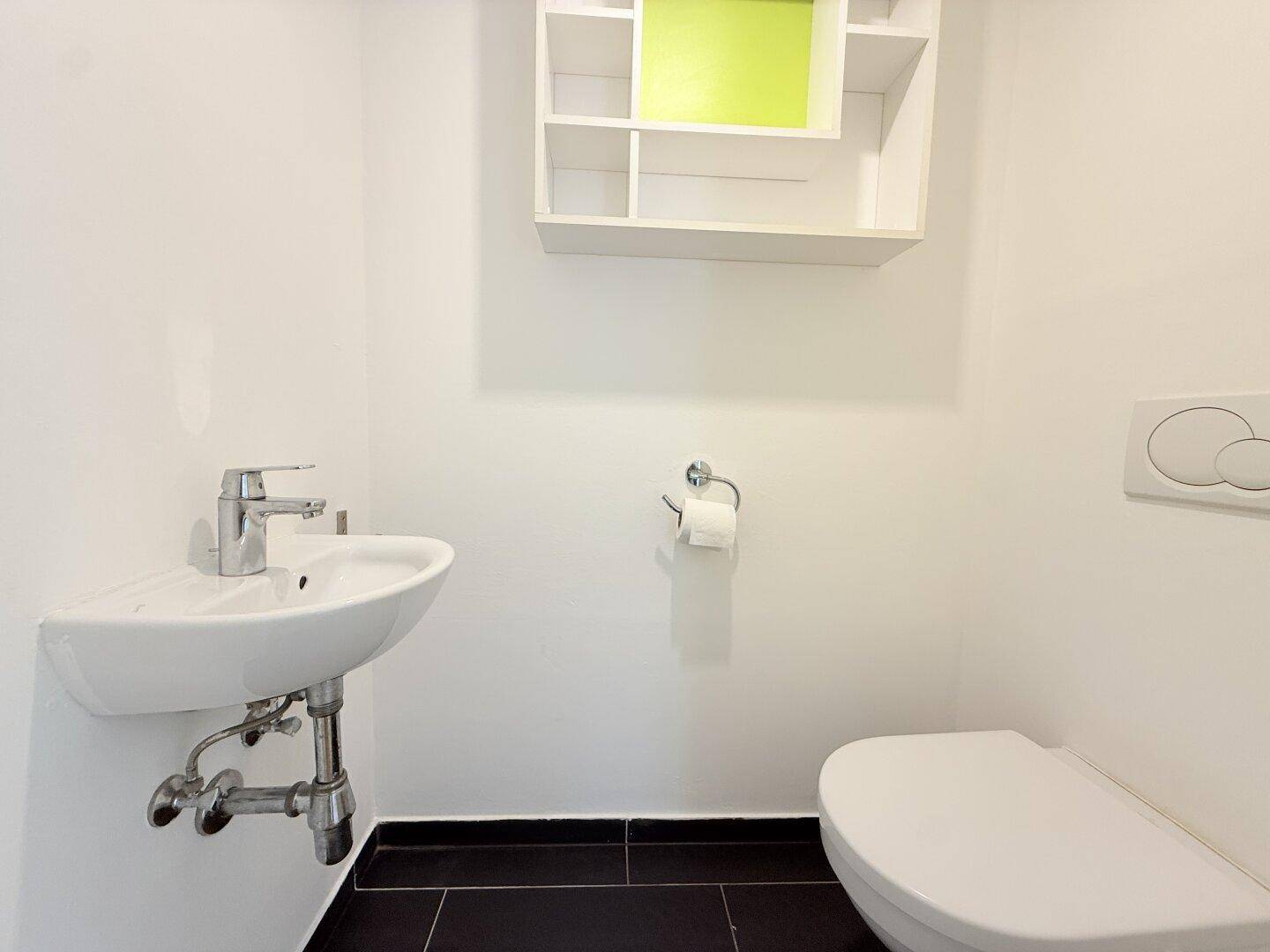 Kleines Gäste-WC mit wandhängendem WC und Handwaschbecken.