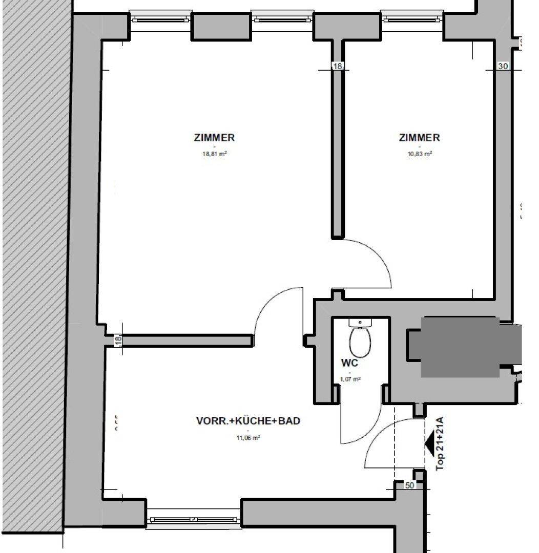 Grundrissplan einer Wohnung mit zwei Zimmern, WC und einem Bereich für Vorraum, Küche und Bad.