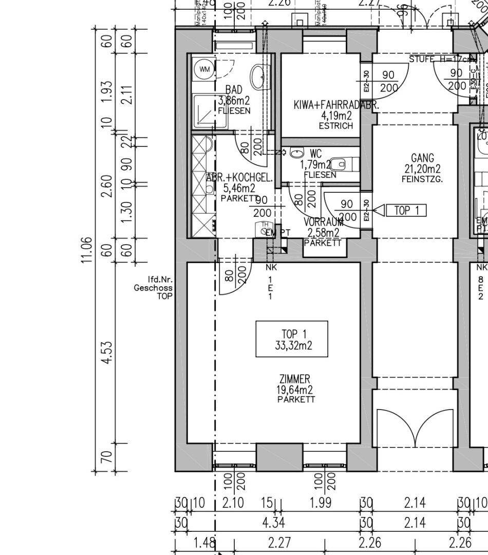 Grundrissplan einer Wohnung mit separatem Bad, WC und Kochgelegenheit.