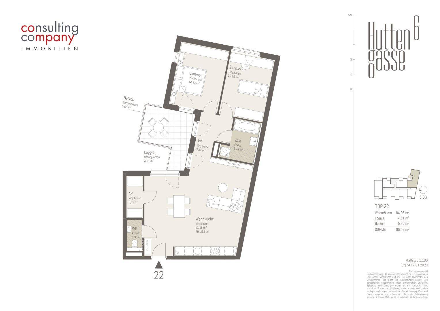 Grundriss einer Wohnung mit offener Wohnküche, zwei Zimmern, Bad, separatem WC und Loggia.