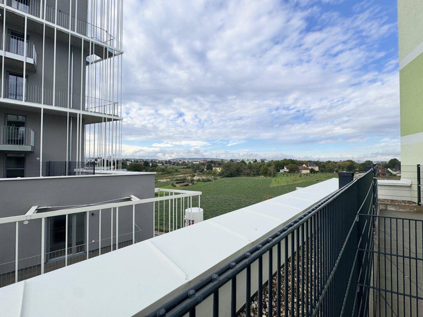 Weitläufiger Ausblick von der Terrasse auf grüne Felder und moderne Wohngebäude in der Ferne.