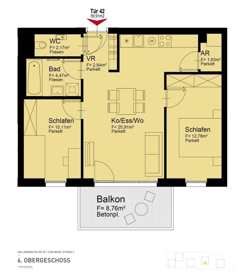 Grundriss der Wohnung mit zwei Schlafzimmern, offenem Wohnbereich, Bad, WC und Balkon.