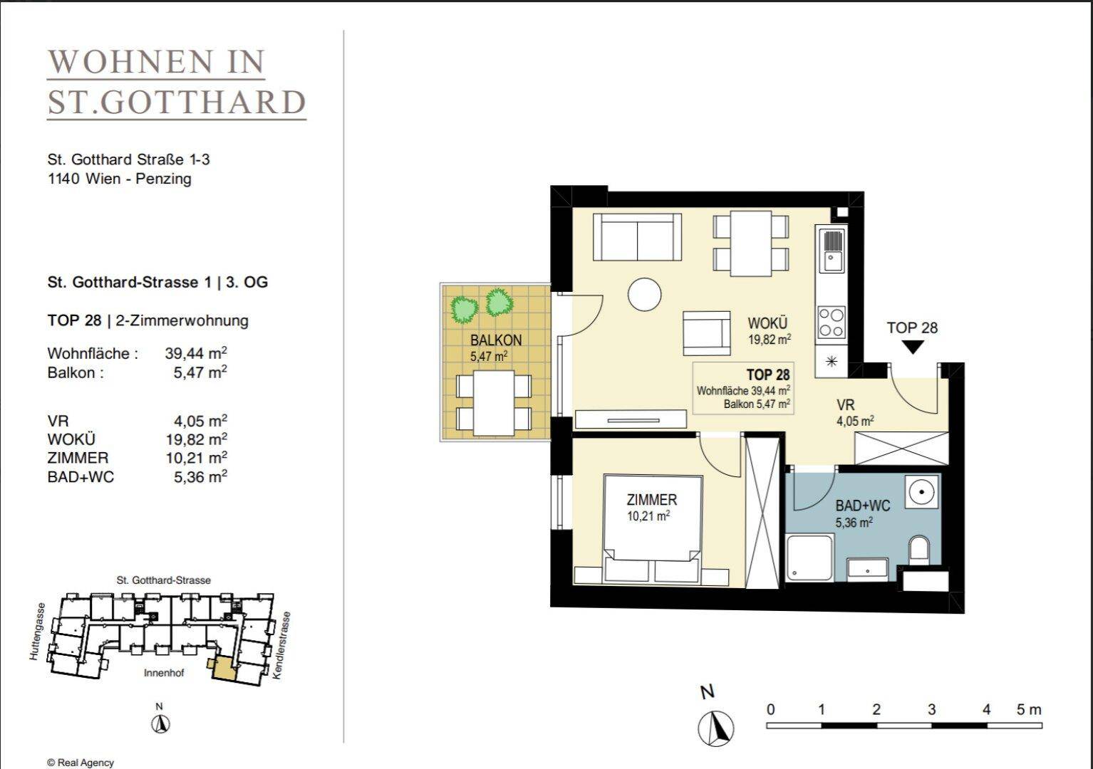 Grundriss einer 2-Zimmer-Wohnung mit Balkon, Wohnküche und separatem Schlafzimmer.