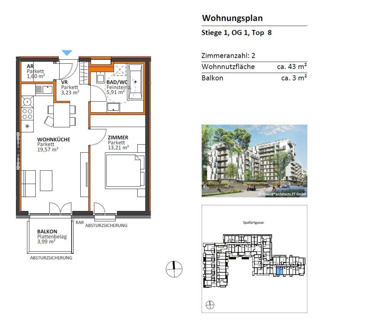 Grundriss einer 2-Zimmer-Wohnung mit offener Wohnküche, Schlafzimmer, Bad und Balkon.