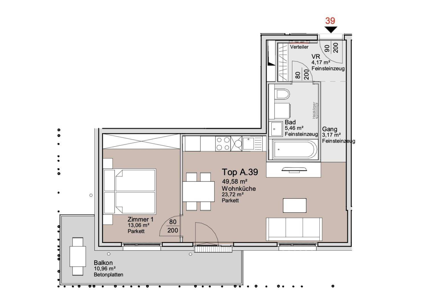 Grundriss einer Wohnung mit Wohnküche, Schlafzimmer, Bad und Balkon.