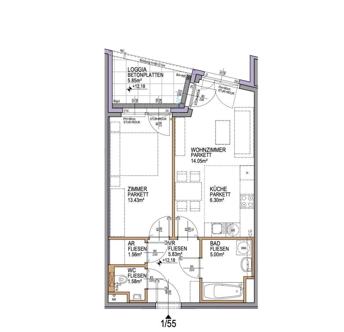 Detaillierter Grundriss einer Wohnung mit Loggia, Wohnzimmer, Küche und Bad.