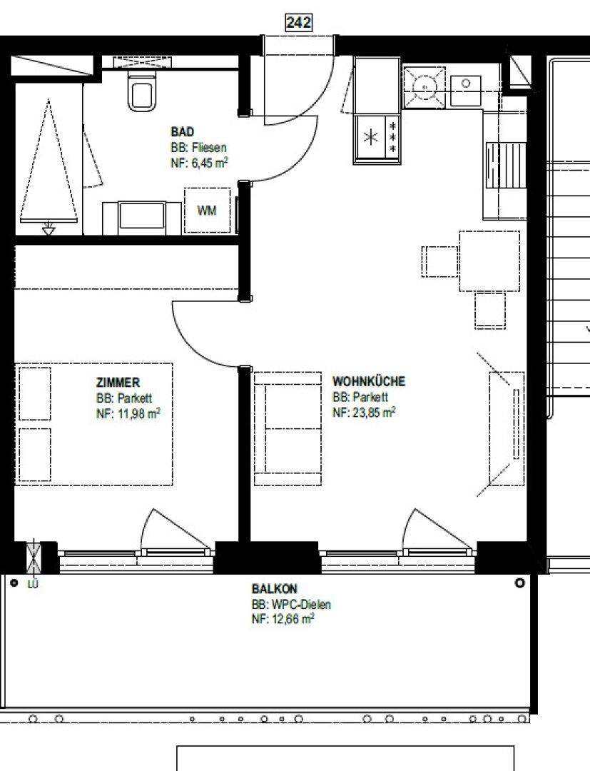 Grundriss einer Wohnung mit Balkon, einem Zimmer, Wohnküche und Bad.