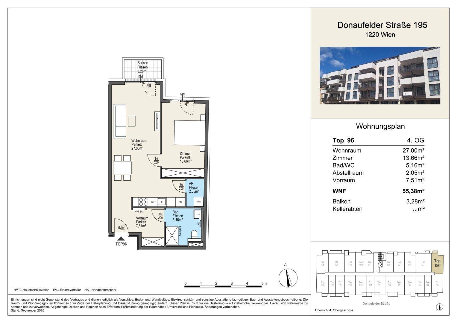 Detaillierter Grundriss der Wohnung Top 96 mit Raumaufteilung und Flächenangaben.