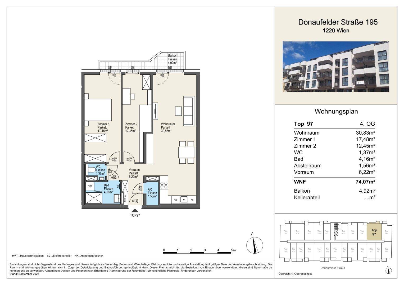 Grundriss der Wohnung Top 97 im 4. Obergeschoss mit Balkon und Kellerabteil.