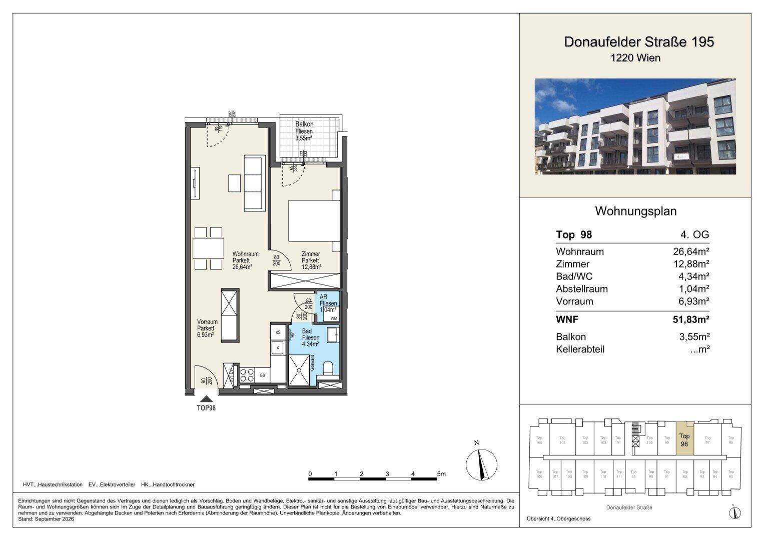 Grundriss der Wohnung Top 98 im 4. Obergeschoss mit Wohnraum, Zimmer, Bad, WC und Balkon.