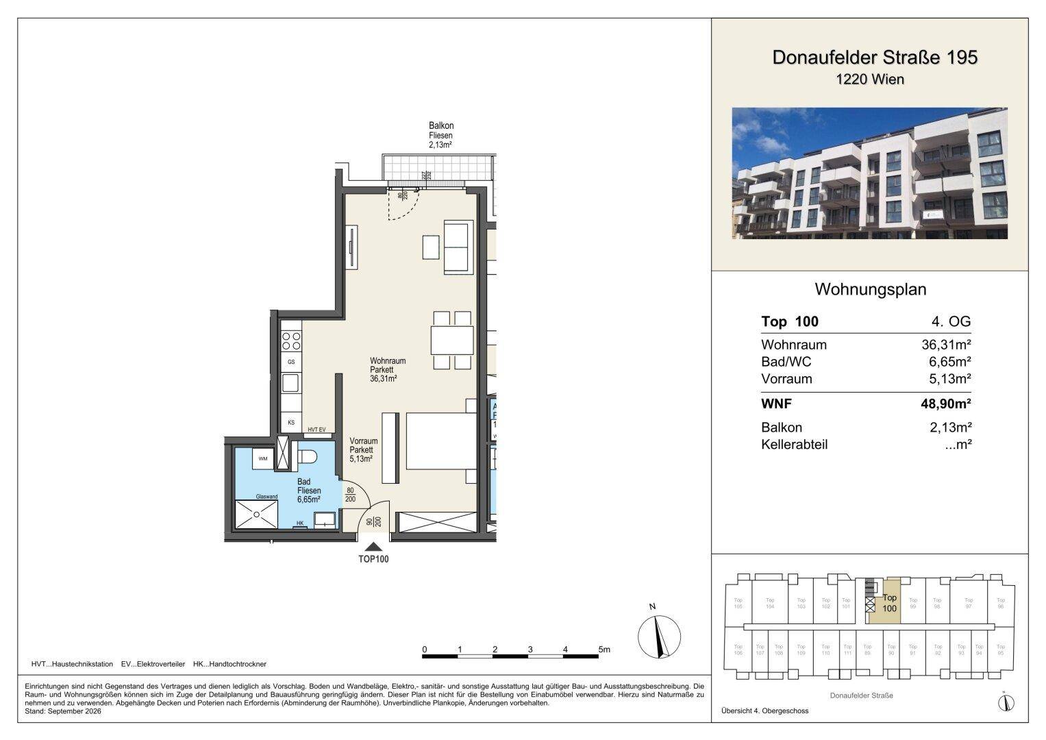 Grundriss einer Wohnung mit Balkon, Wohnraum und separatem Bad/WC.