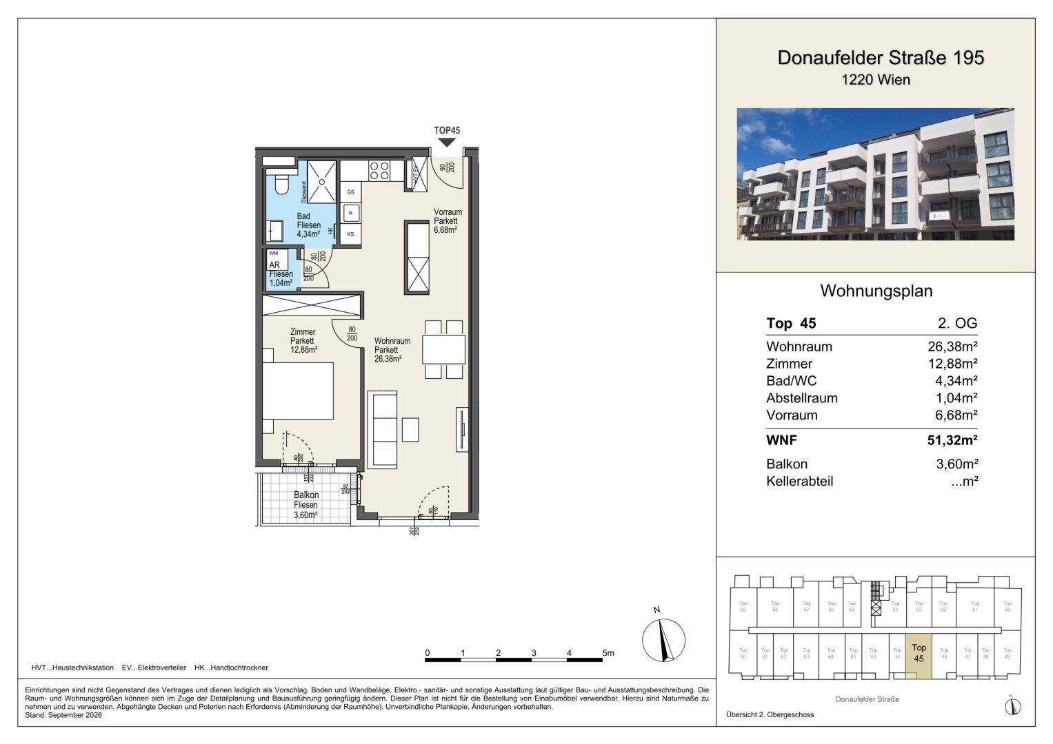 Grundriss der Wohnung Top 45 im 2. Obergeschoss mit Wohnraum, Zimmer, Bad/WC und Balkon.