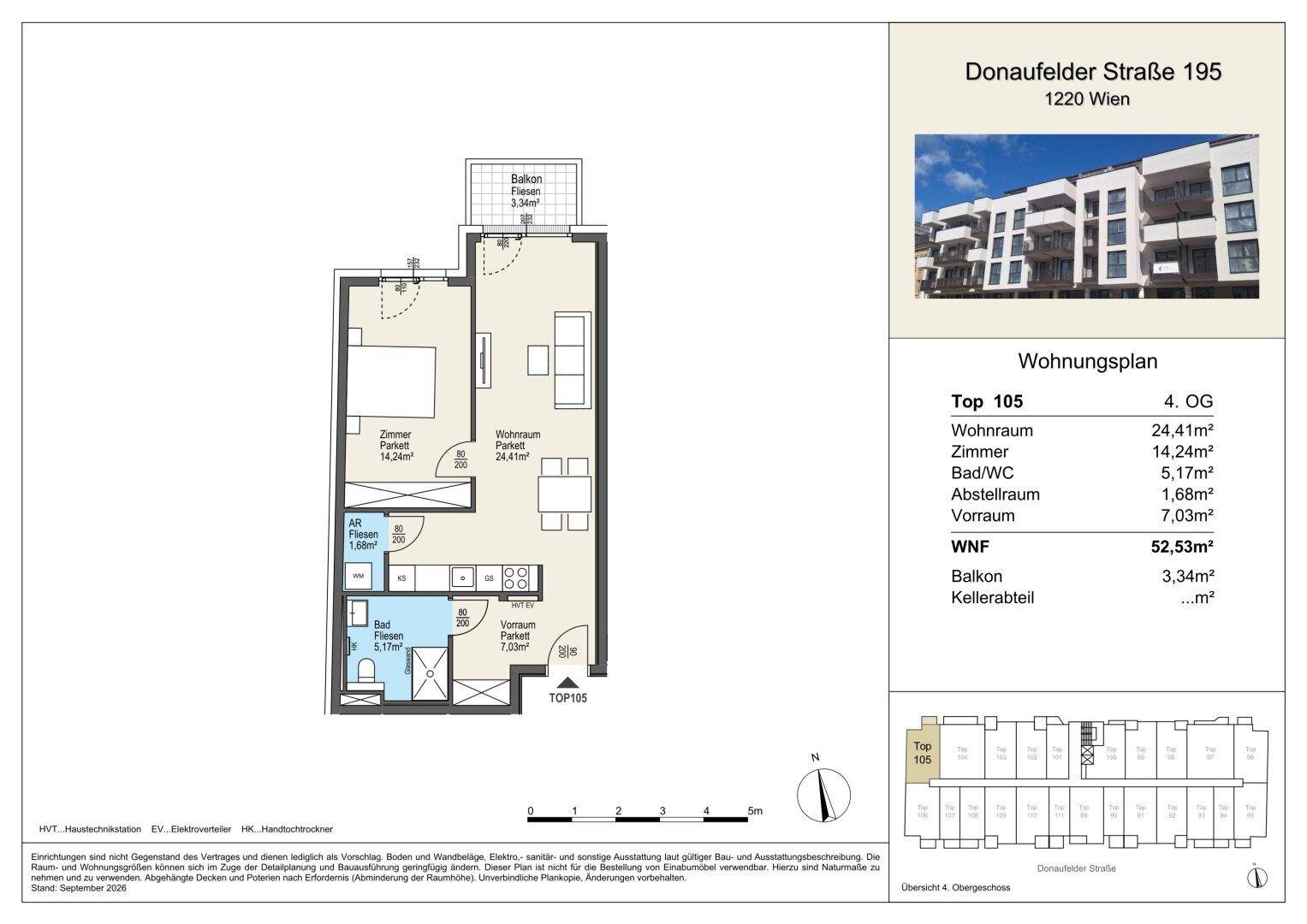 Detaillierter Grundriss der Wohnung Top 105 mit 52,53m² Wohnfläche und Balkon.