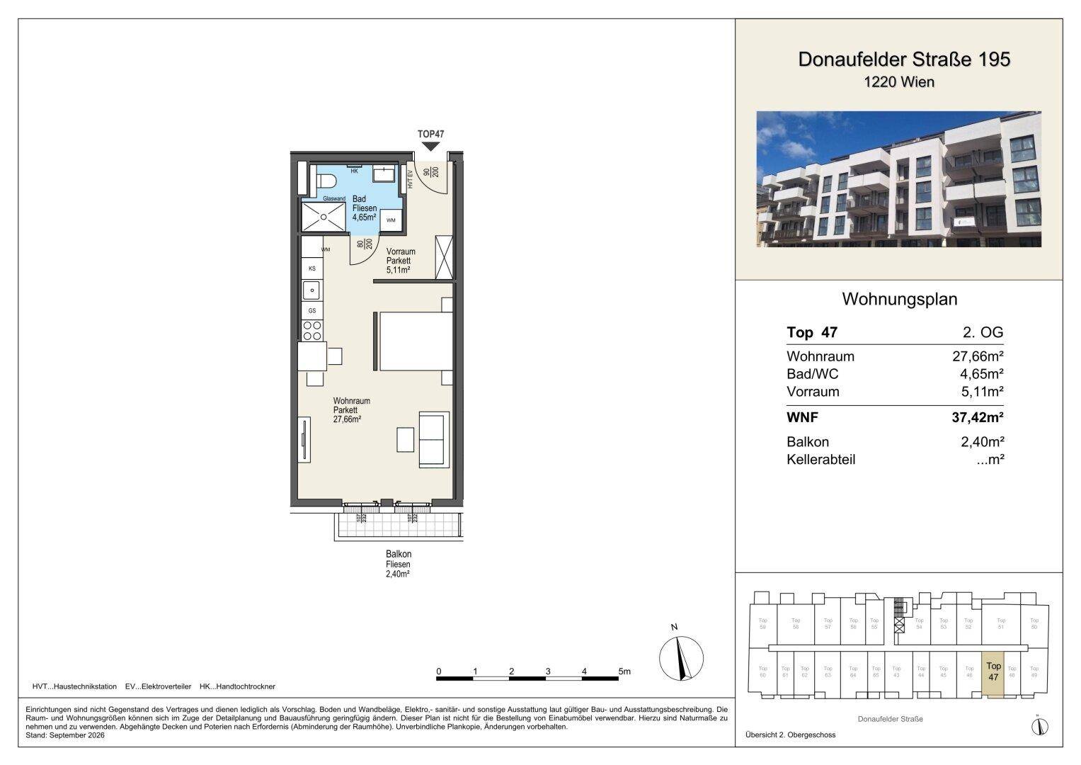 Grundriss der Wohnung Top 47 im 2. Obergeschoss mit Balkon und Kellerabteil.