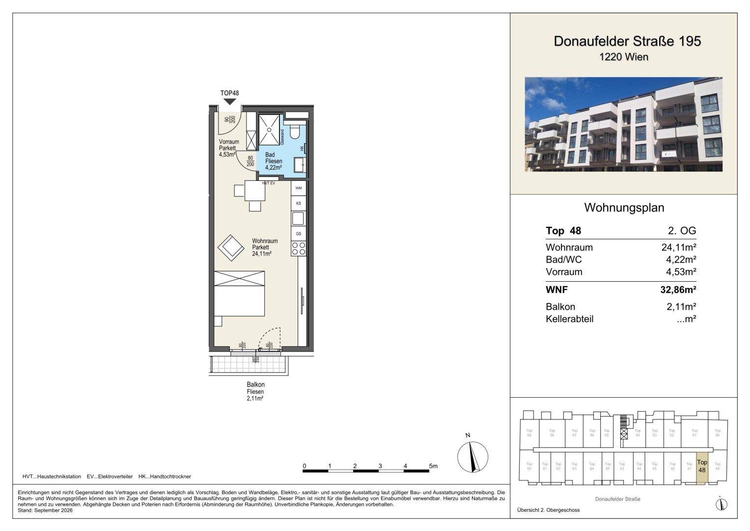 Grundriss der Wohnung Top 48 mit Wohnraum, Bad/WC, Vorraum und Balkon, Gesamtfläche 32,86m².