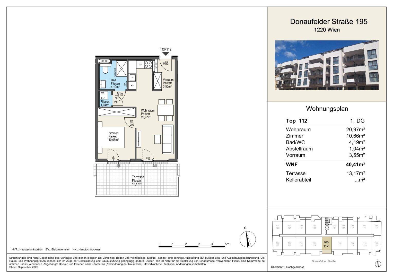 Detaillierter Grundriss der Wohnung Top 112 mit Wohnraum, Zimmer, Bad und Terrasse.