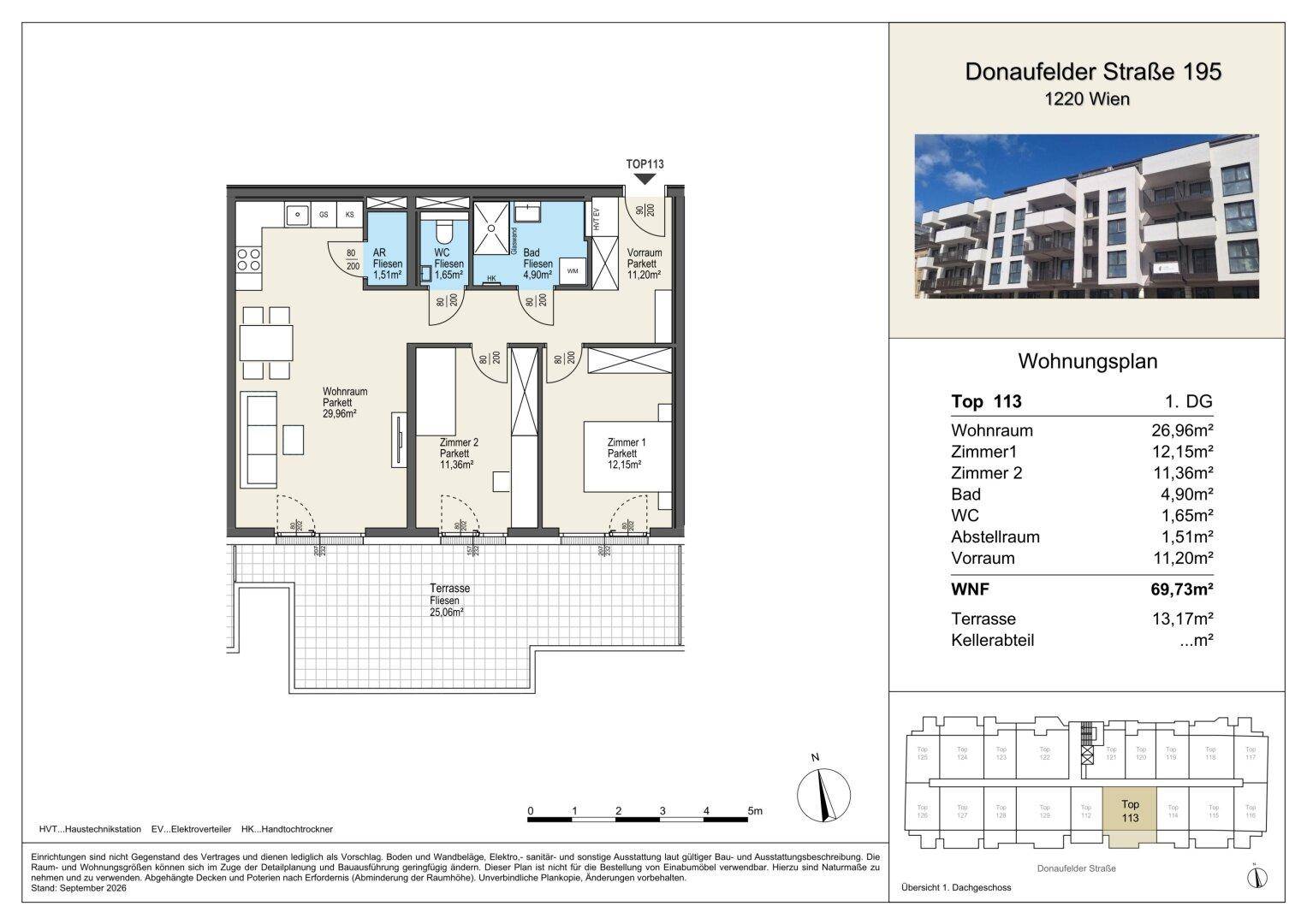 Grundriss der Wohnung Top 113 mit Wohnraum, zwei Zimmern, Bad, WC und großer Terrasse.