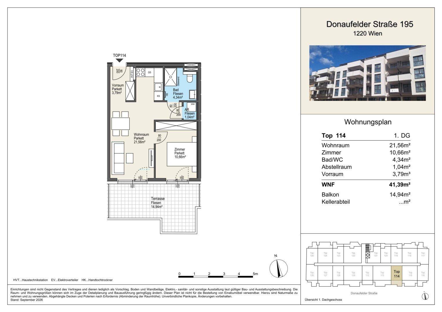Detaillierter Grundriss der Wohnung Top 114 mit Wohnraum, Schlafzimmer, Bad und großer Terrasse.