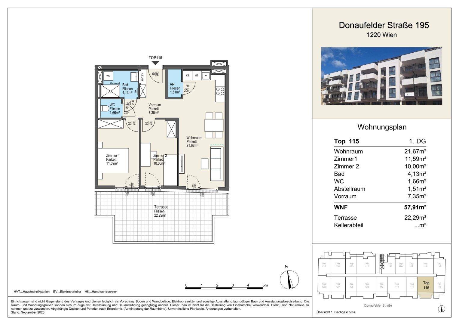 Detaillierter Grundriss einer Wohnung mit zwei Schlafzimmern, offener Küche und großer Terrasse.