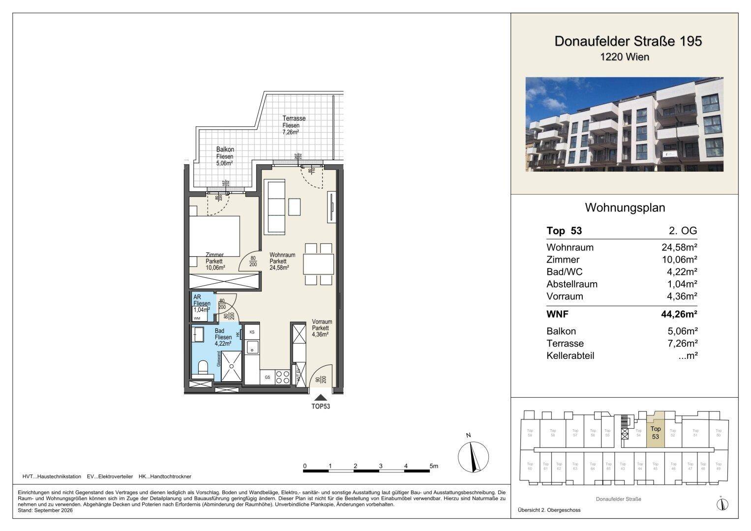 Grundriss der Wohnung Top 53 im 2. Obergeschoss mit Balkon und Terrasse.
