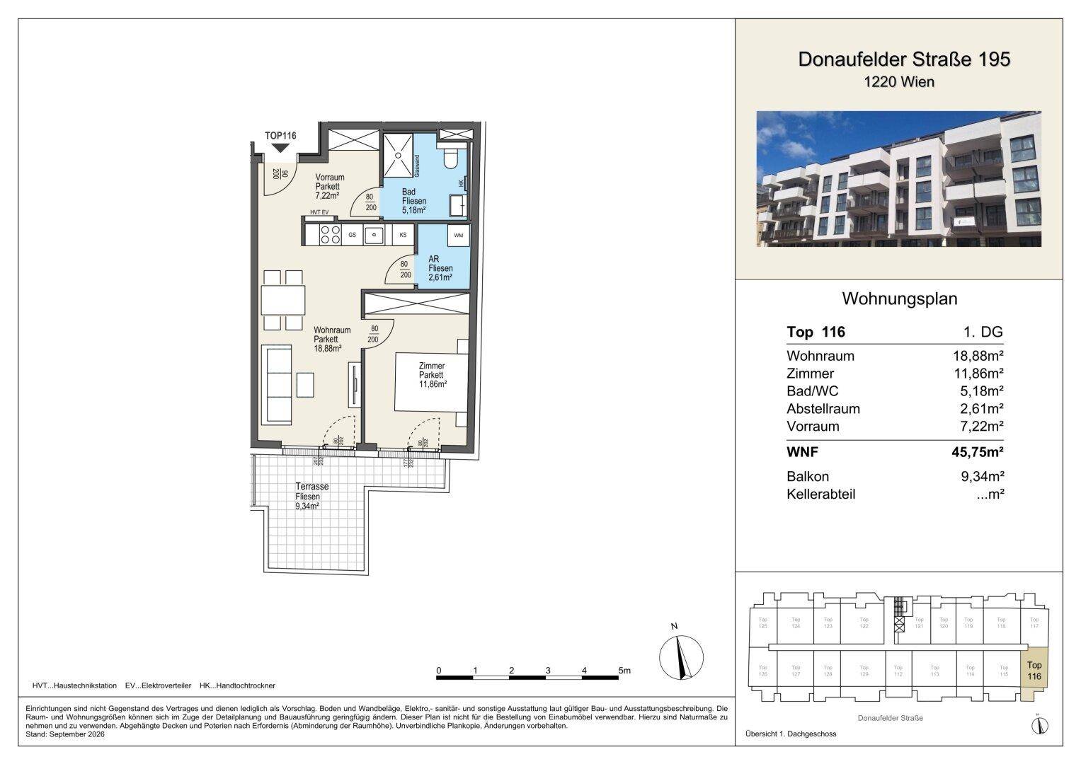 Detaillierter Grundriss einer Wohnung mit Wohnraum, Zimmern, Bad und Terrasse.