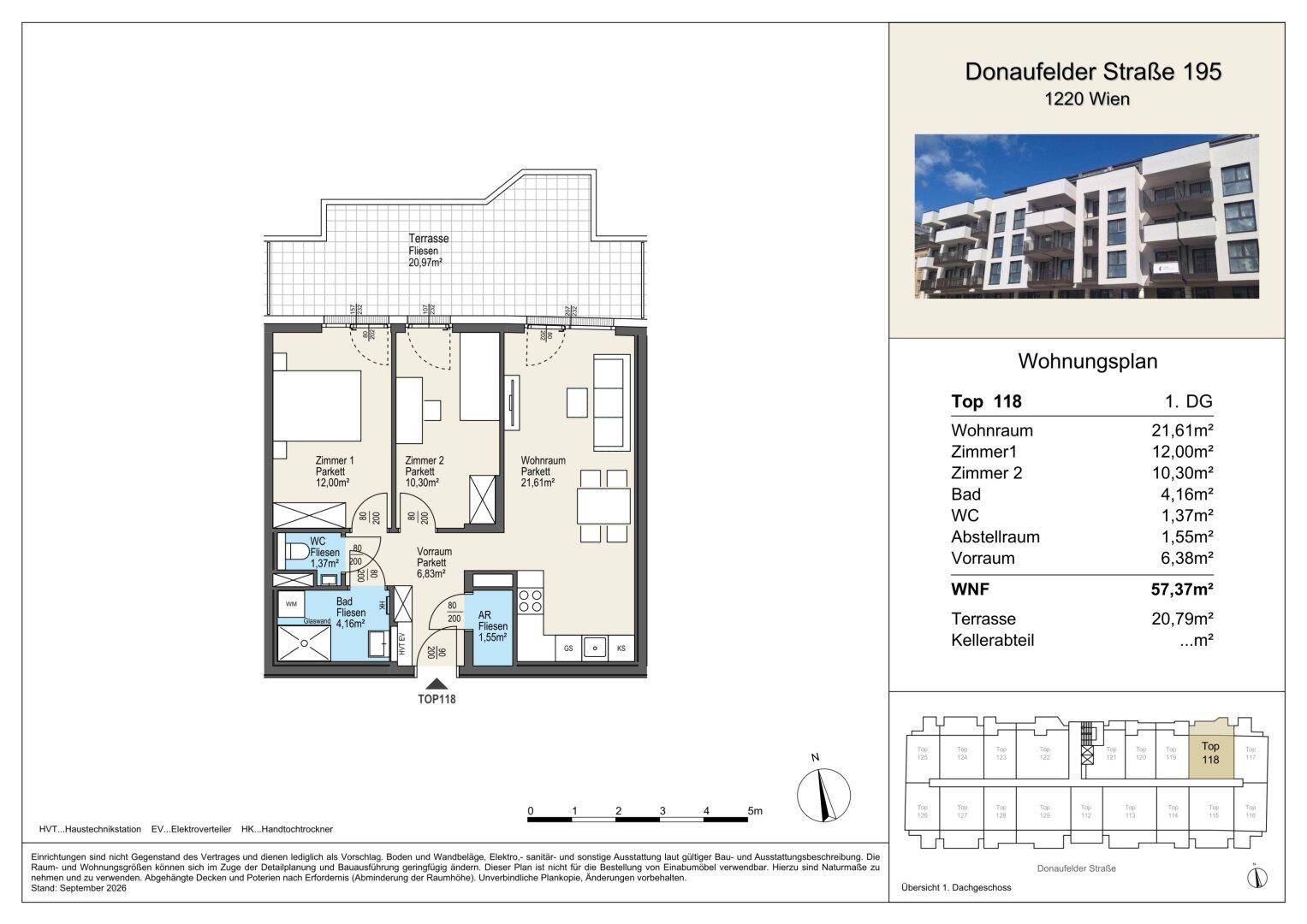 Grundriss einer Wohnung mit zwei Schlafzimmern, Wohnraum und großer Terrasse.