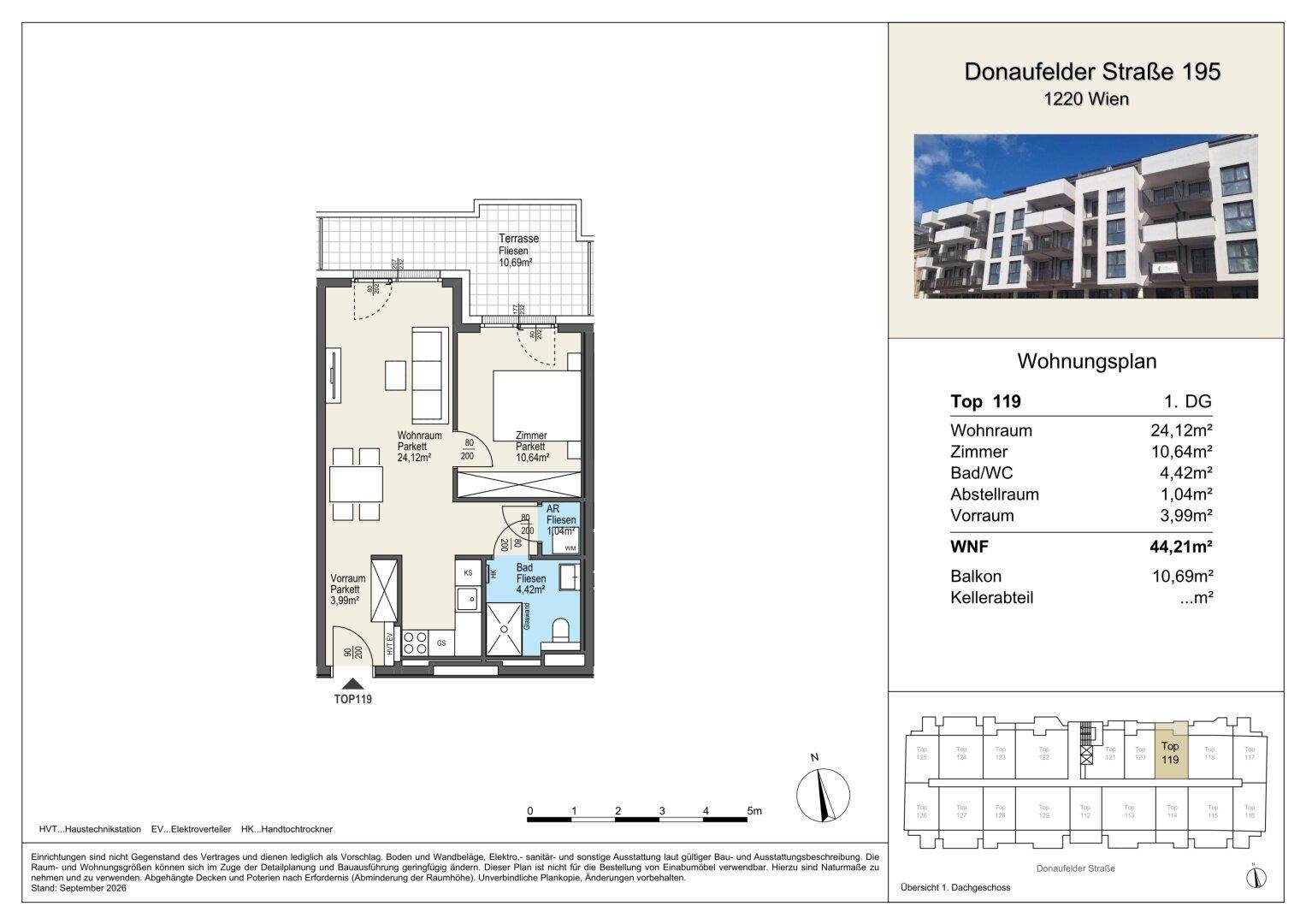 Grundriss der Wohnung Top 119 mit Wohnraum, Zimmer, Bad/WC und Balkon.