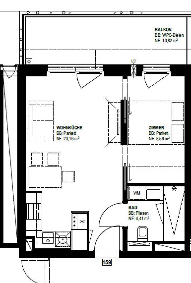 Grundriss einer Wohnung mit offener Wohnküche, Schlafzimmer, Bad und Balkon.