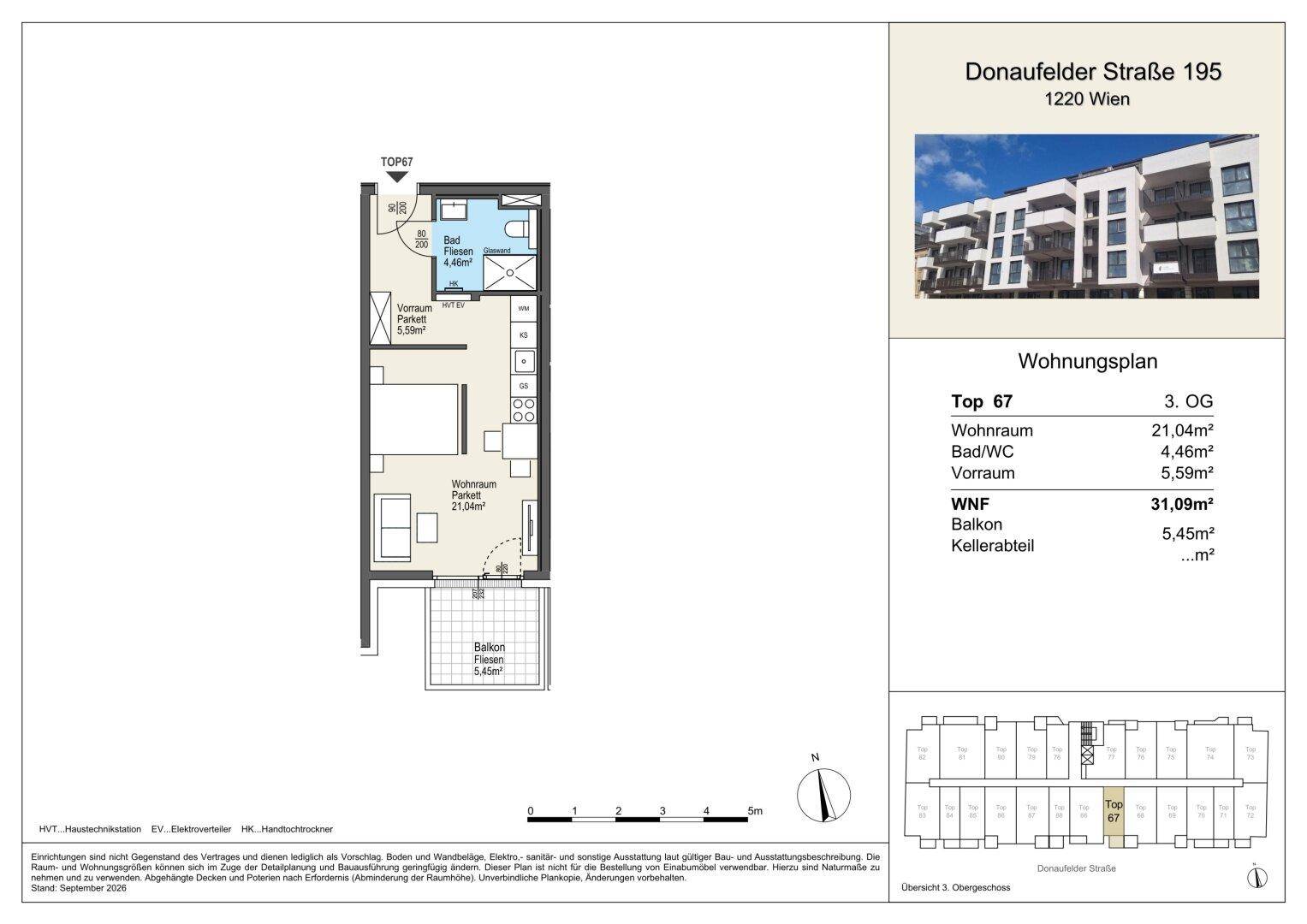 Grundriss für Top 67 im 3. Obergeschoss mit Wohnraum, Bad/WC und Balkon.
