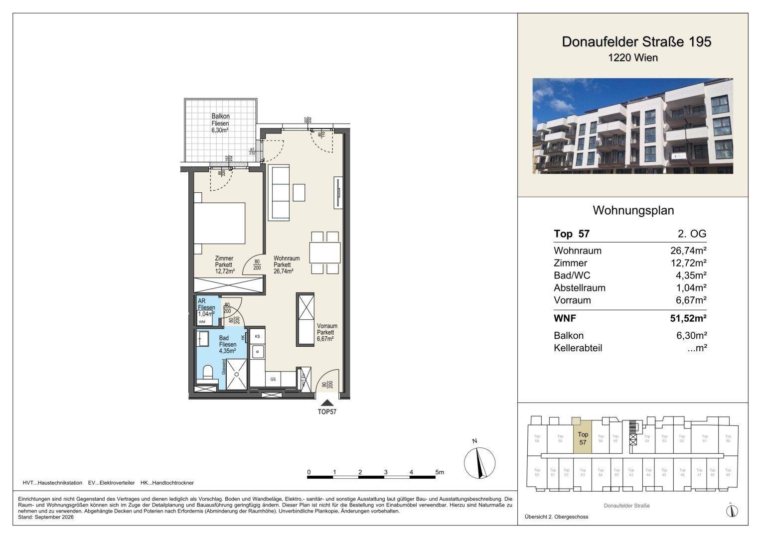 Grundriss der Wohnung Top 57 im zweiten Obergeschoss mit Balkon und Abstellraum.
