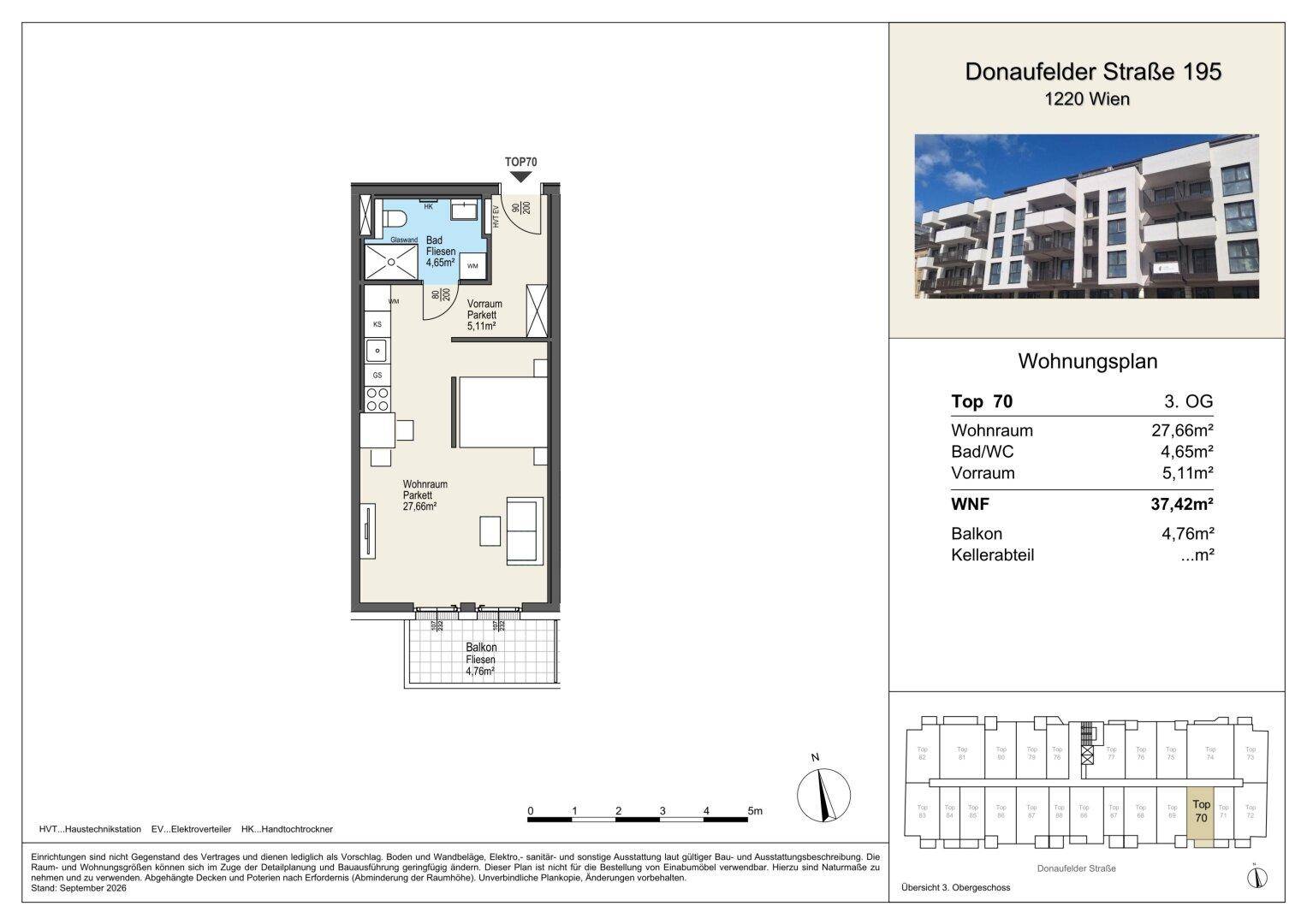 Grundriss einer Wohnung mit einem Schlafzimmer, Bad, Wohnraum und Balkon.