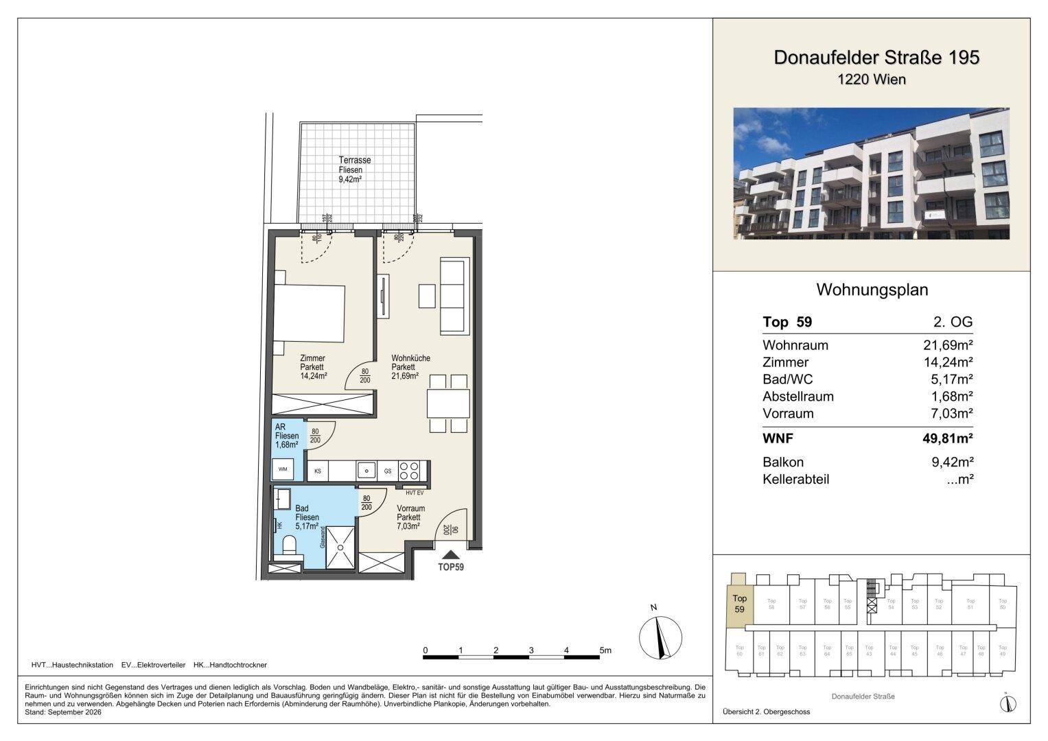 Grundriss der Wohnung Top 59 im 2. Obergeschoss mit Wohnraum, Zimmer und Terrasse.
