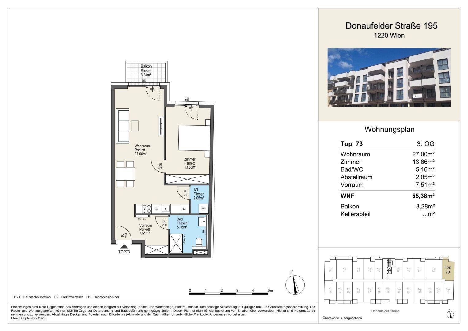 Detaillierter Wohnungsplan für Top 73 mit Wohnraum, Zimmer, Bad, WC und Balkon.