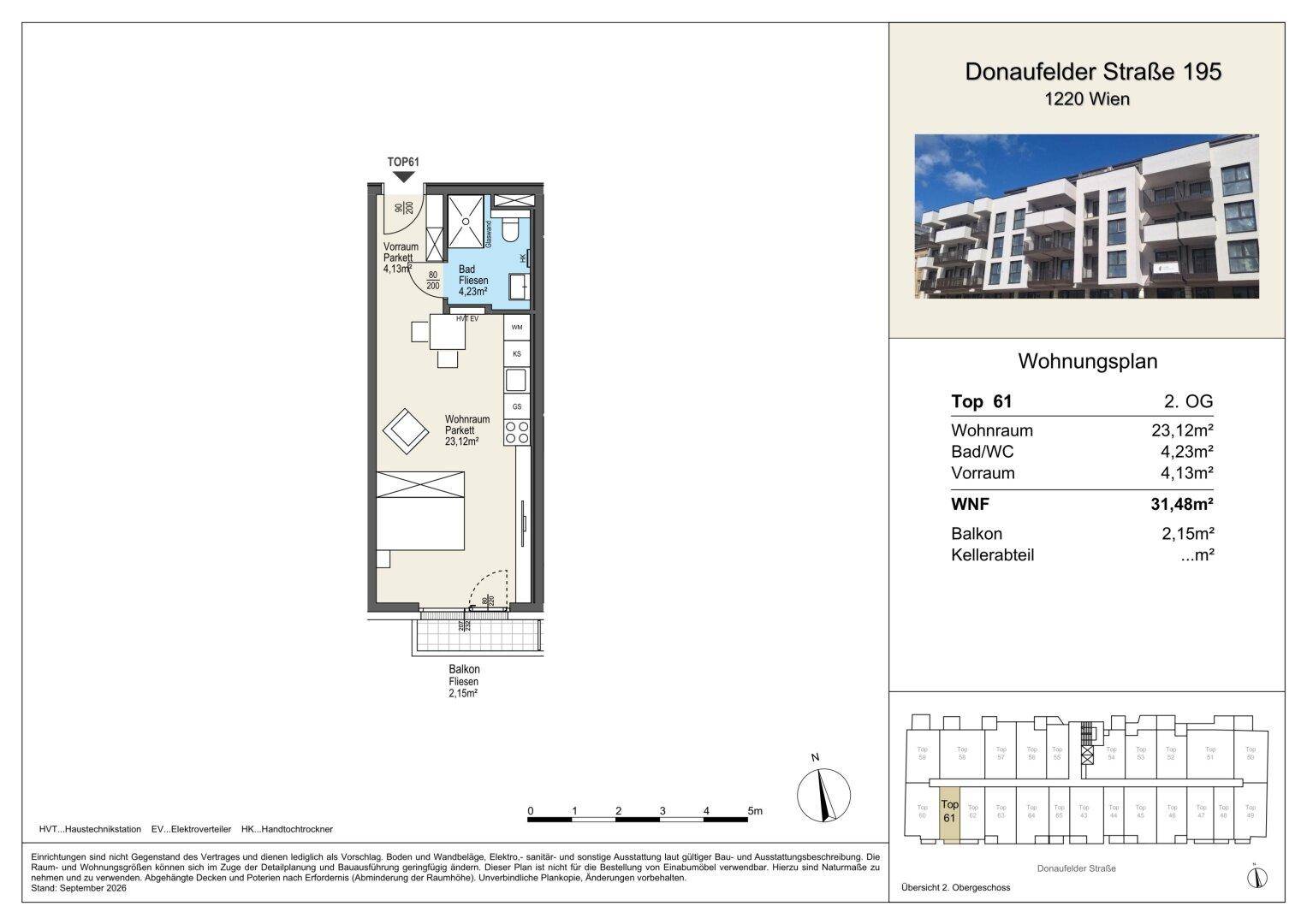 Wohnungsplan für Top 61 im 2. Obergeschoss mit Wohnraum, Bad/WC und Balkon.