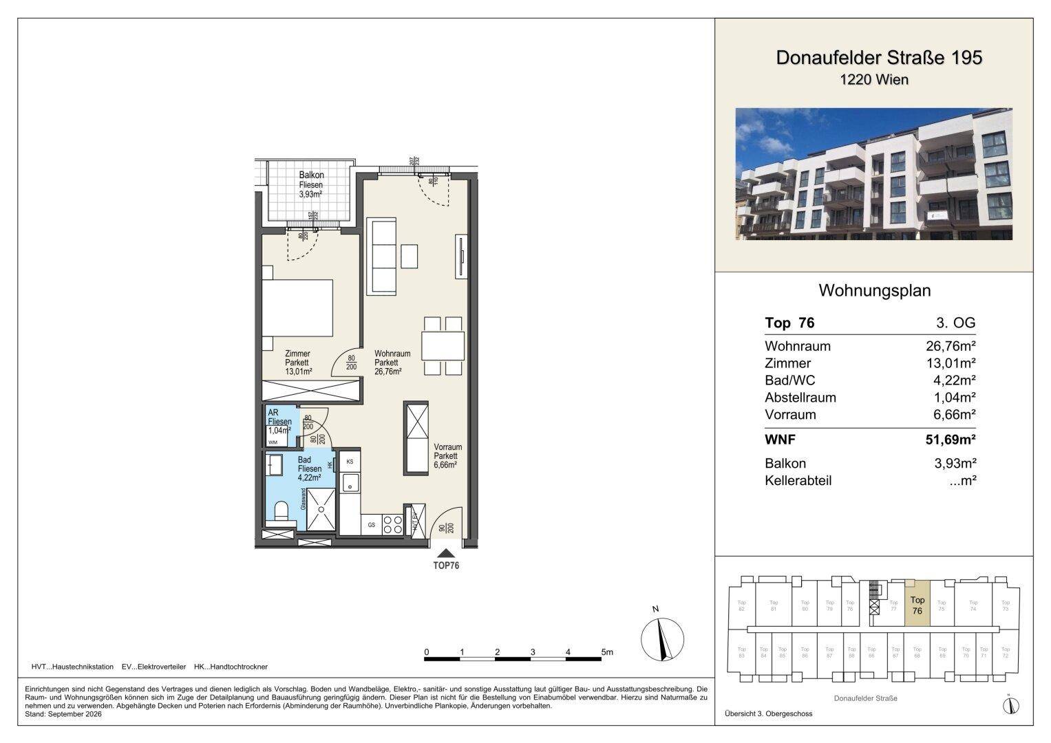 Detaillierter Wohnungsplan für Top 76 im 3. Obergeschoss mit Balkon und Abstellraum.