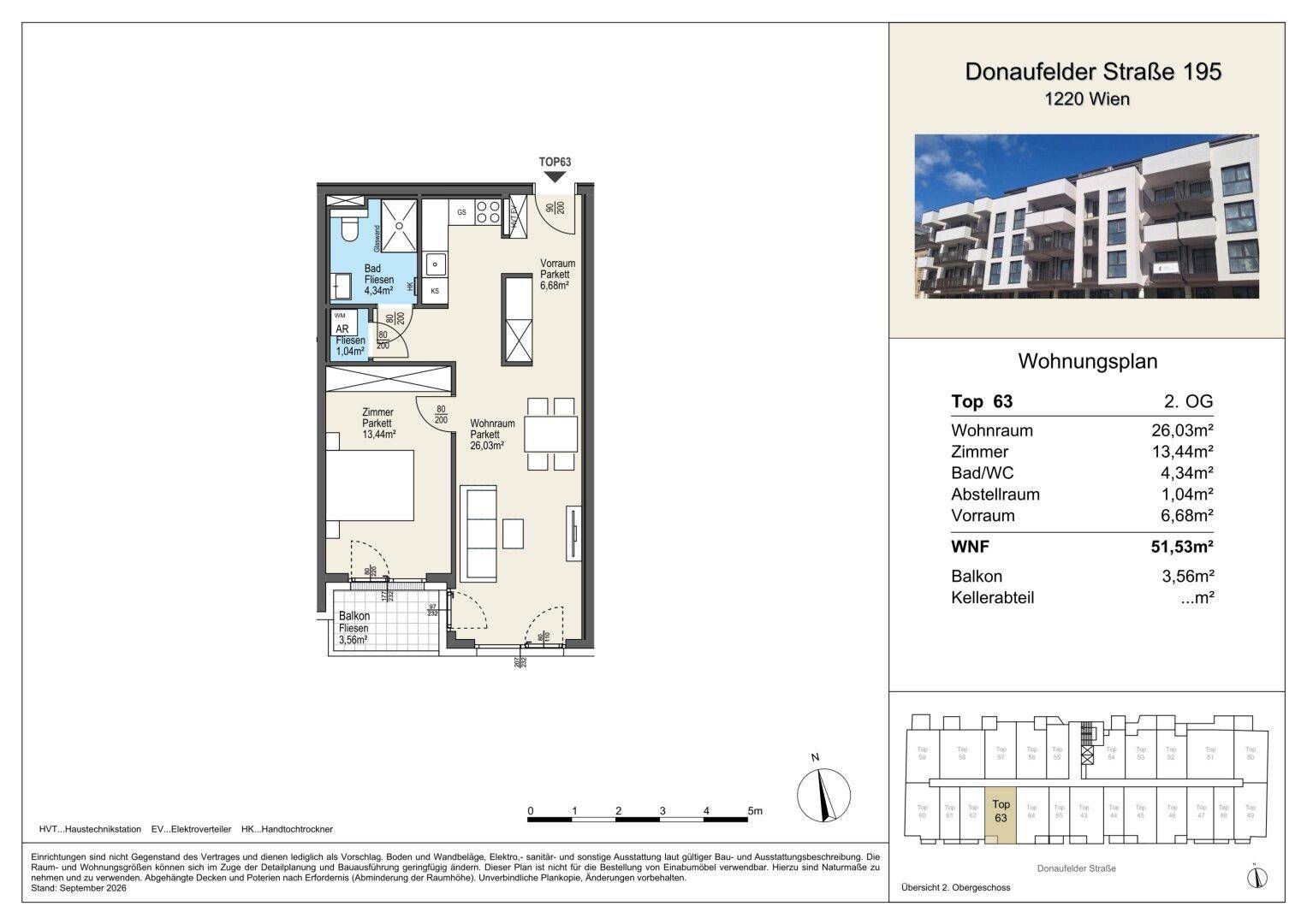 Grundriss einer Wohnung mit 2 Zimmern, Balkon und separatem Bad/WC, Gesamtfläche 51,53m².