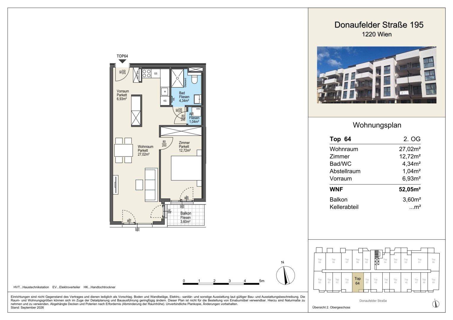 Grundriss der Wohnung Top 64 mit Raumaufteilung, Flächenangaben und Balkonzugang.