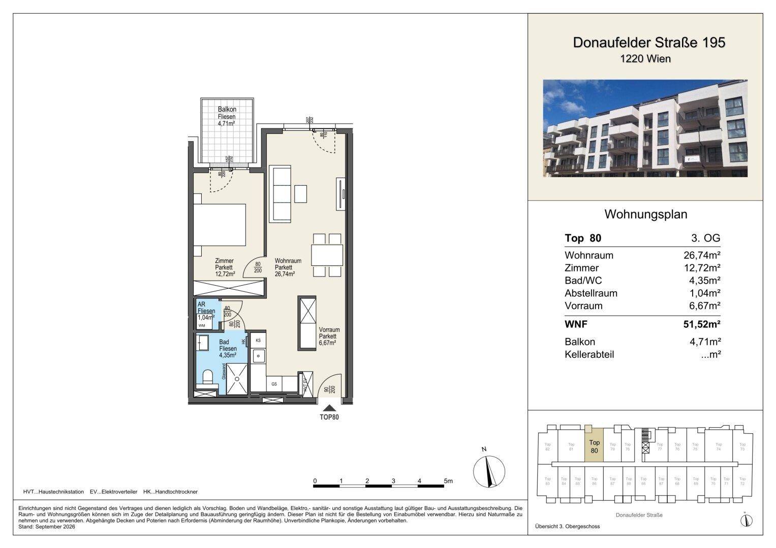 Grundriss der Wohnung Top 80 im 3. Obergeschoss mit Balkon und separatem WC.