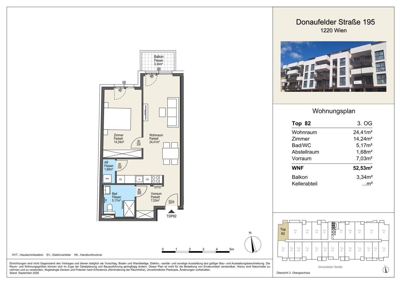 Grundriss der Wohnung Top 82 im 3. Obergeschoss mit Balkon und zwei Zimmern.