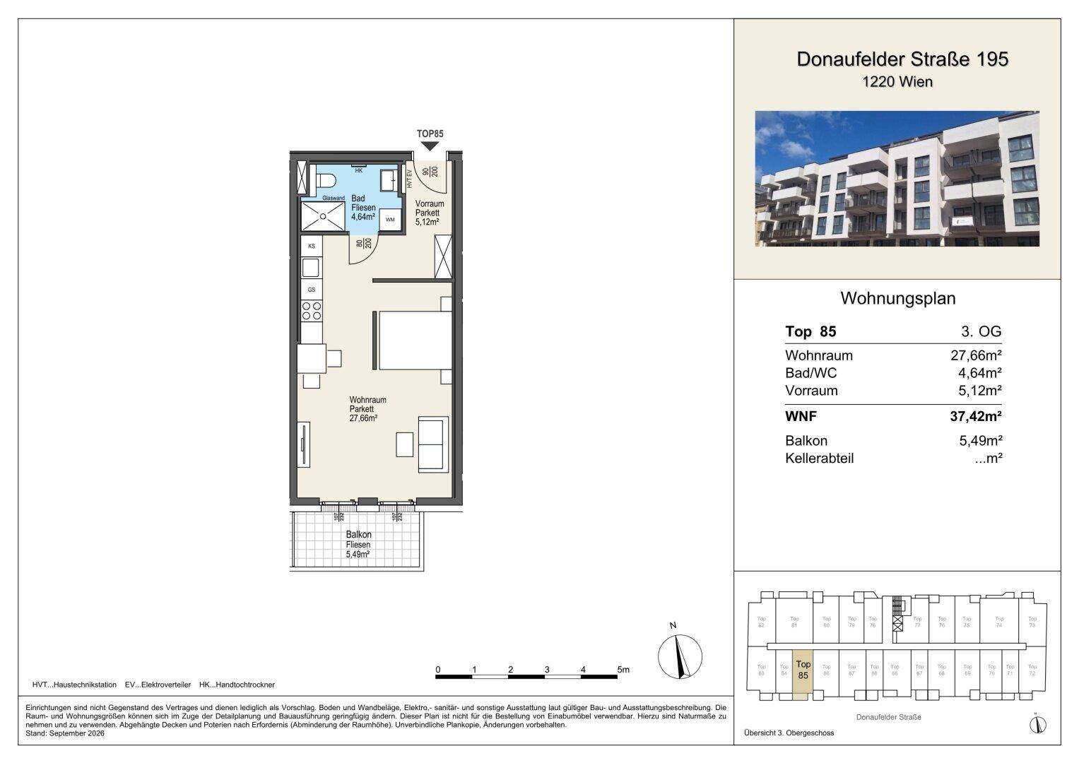 Grundriss einer Wohnung mit Wohnraum, Bad, Vorraum und Balkon, Gesamtfläche 37,42m².