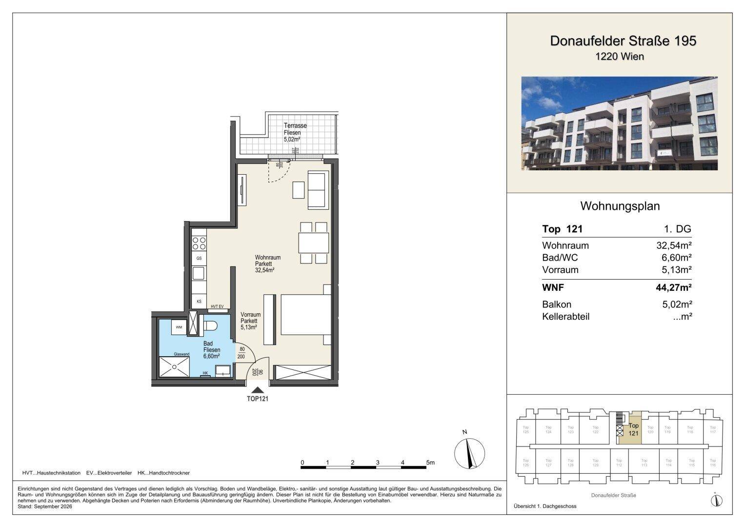 Detaillierter Grundriss einer Wohnung mit Wohnraum, Bad/WC, Vorraum und Terrasse, inklusive Flächenangaben.